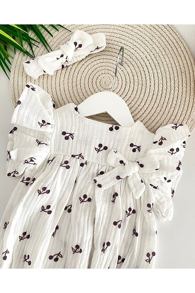 Jammybaby Cherry Patterned Bow Detailed 100% Cotton Muslin Baby Girl Romper and Bandana Set-White