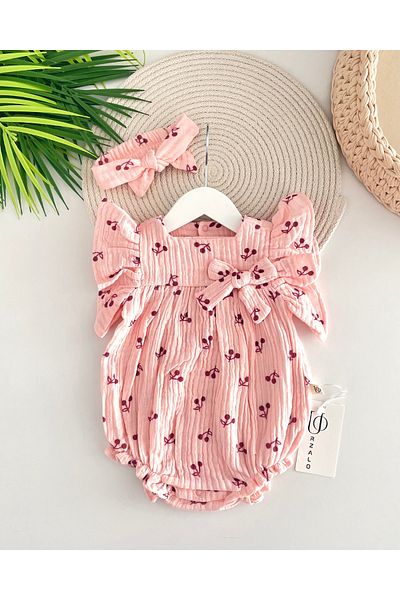 Jammybaby Cherry Patterned Bow Detailed 100% Cotton Muslin Baby Girl Jumpsuit and Bandana Set - Powder