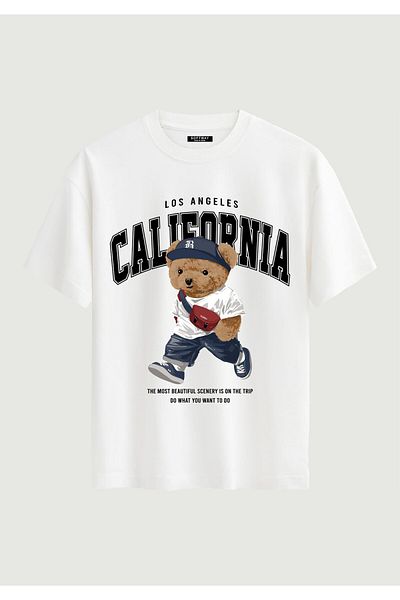 SOFTWAY Unisex Crew Neck 100% Organic Cotton Thick Textured California Printed Oversize T-Shirt - White