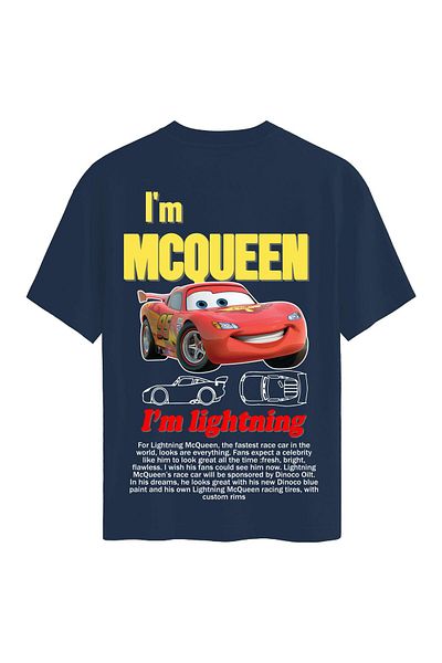 SOFTWAY Unisex Crew Neck 100% Organic Cotton Thick Textured Mcqueen Printed Oversize T-Shirt - Dark Blue