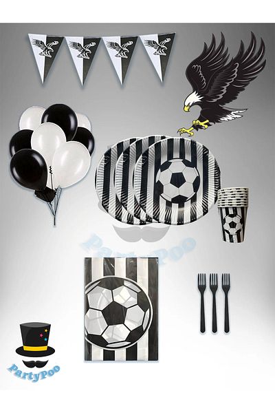 PartyPoo 8 People Black and White Football Fan Birthday Set – Eco Party Supplies Decor Set