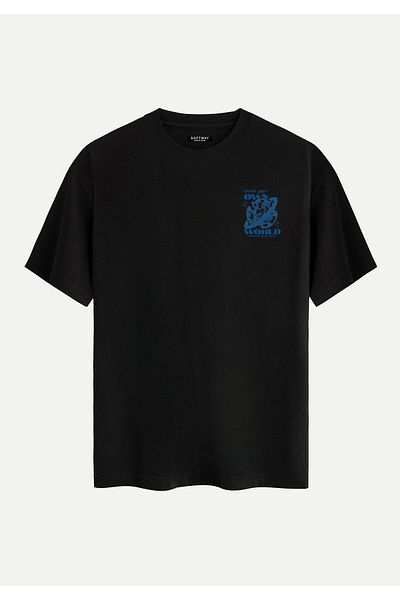 SOFTWAY Unisex Crew Neck 100% Organic Cotton Thick Textured Own World Printed Oversize T-Shirt - Black