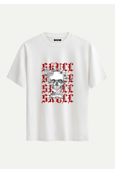 SOFTWAY Unisex Organic Oversize Skull Printed T-Shirt - Ecru