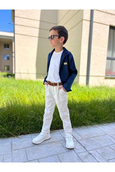 STAR GOGO KİDS Boy's Denim Blazer Jacket and Linen Trousers Set, Comfortable Fit. (4 Pieces Belt Included.)