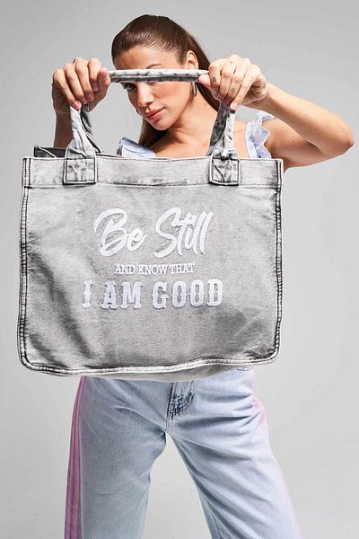 its basic Dark Denim Bag with Gusseted Strap - Two Pockets