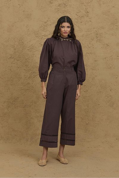 Fahhar Culotte Cut Cotton Trousers Brown