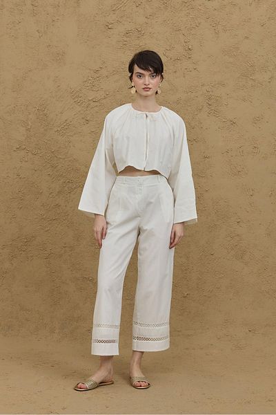Fahhar بنطلون قطني بقصة Culotte إكرو