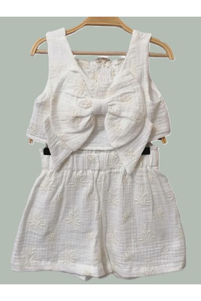 Serkon Deroshkids Girls' Embroidered Bow Detailed Crop Scalloped Shorts Set of Two