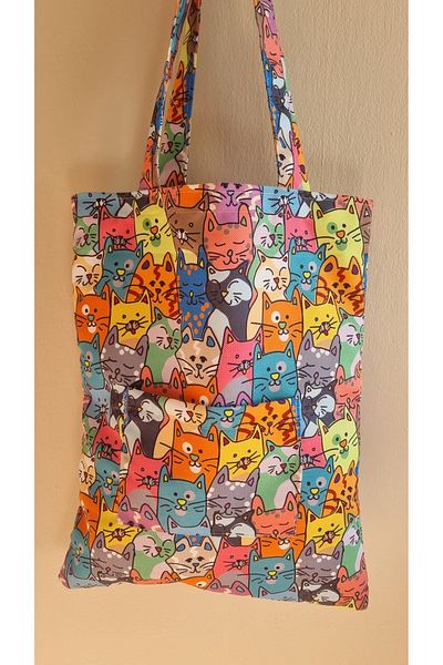 homecandleglow Mixed Cat Cloth Bag, Eco-Friendly Bag, Hand and Shoulder Bag with Pocket Detail, Shopping, Beach