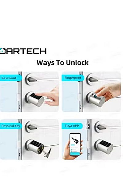 DarTech Dartek Smart Lock 4-Way Unlock with Fingerprint and Keypad Fits Any Door, Global Version, Safe Home System, Silver