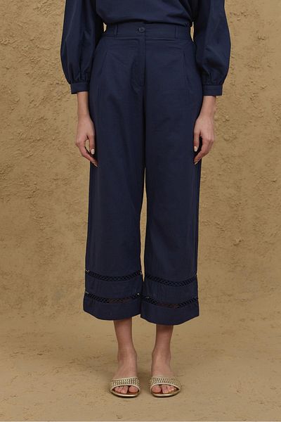 Fahhar بنطلون قطني بقصة Culotte باللون الأزرق الداكن