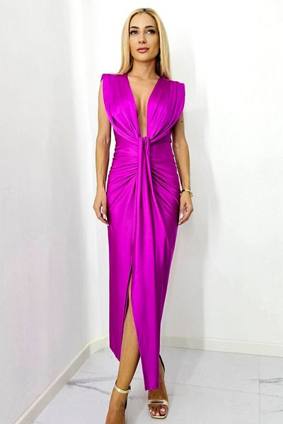 FashionForYou Rochie Ilaria din satin, croială conică și decolteu adânc, fuchsia, mărimea S/M