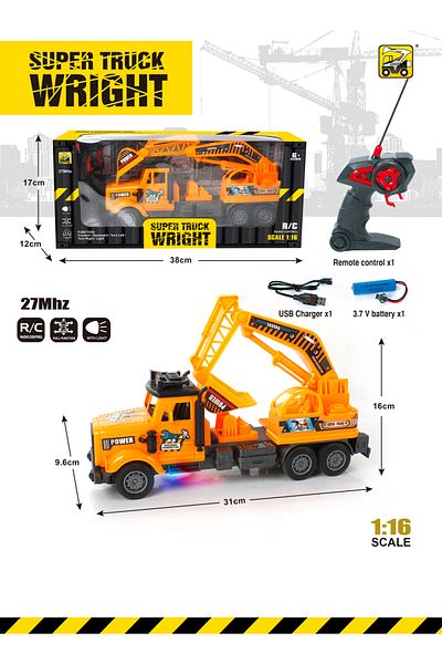 PLAYZO Remote Control Construction Crane Truck – 1:16 Scale RC Excavator with Lights, USB Charger