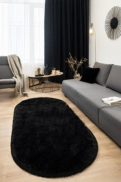 Badelya Home Siyah Oval Peluş Post Halı Yolluk Yumuşak Tüylü Puffy Kaymaz Tab...