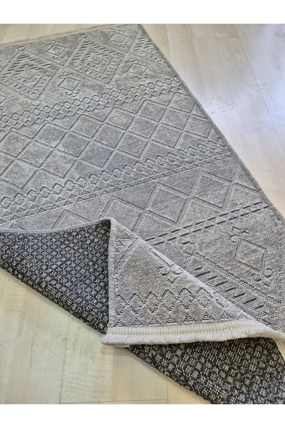 Gri Desenli Yıkanabilir Kaymaz Taban Kilim