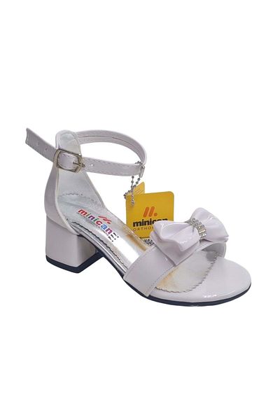 wakawakakidsstore White Bow and Stone Detailed Thick Heeled Girl's Evening Dress Shoes