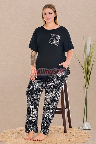 quilling Black Color and Floral Pattern 11011 Short-Sleeve Women Plus Size Mother Pajamas Set