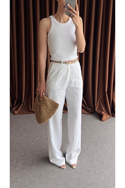 HAZELANNA Lined Linen White Trousers