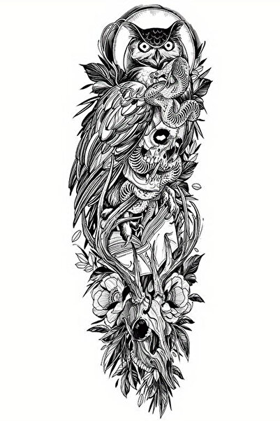 TAKIŞTIR Geçici Baykuş Ve Kuru Kafa Figürlü Kol Dövme Tattoo