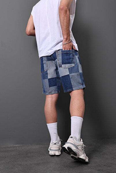 Slatra Erkek Mavi Damalı Diz Üstü Denim Şort