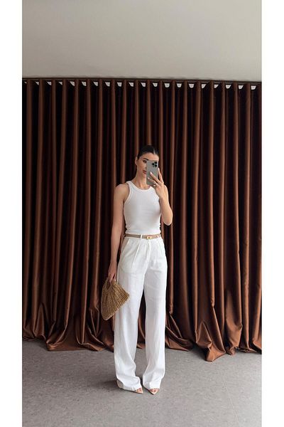 HAZELANNA Lined Linen White Trousers
