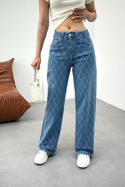 BİKELİFE Dunkelblaue Damen Jeans mit hoher Taille und Lycra mit Argyle-Muster