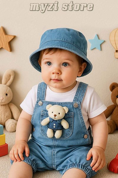 MYZİ STORE Baby Kids Summer Jeans Salopet White T-Shirt 100% Cotton Double Set