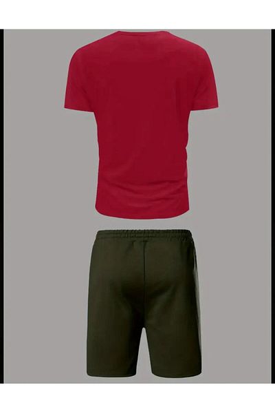 SELENA BUTİK Unisex Faded Red T-Shirt Khaki Shorts Bottom Top Set