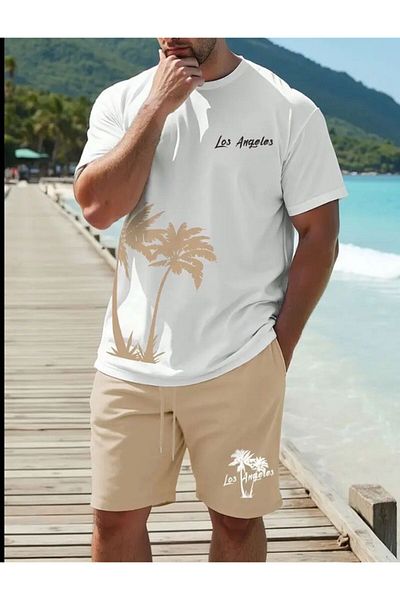 SELENA BUTİK Unisex Palm LosAngeles Λευκό Tshirt Μπεζ σορτς κάτω επάνω σετ