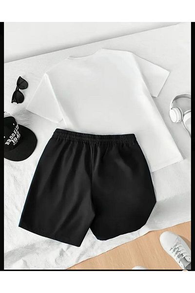 SELENA BUTİK Unisex Never White T-Shirt Black Shorts Bottom Top Set