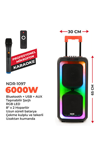 NDR -1097 6000W Taşınabilir Karaoke Hoparlör – RGB LED Işıklı | Mikrofonlu | ...