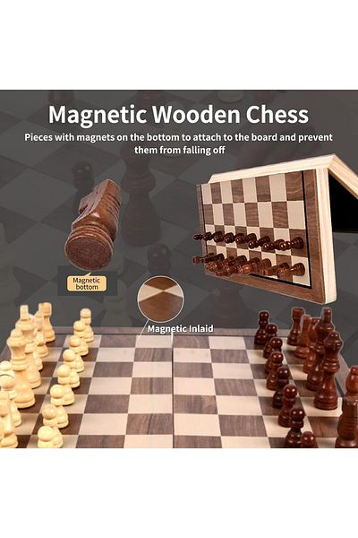 GENELEC Nekomi 2 in 1 Magnetic Chess Set, 38cm Magnetic Wooden Chess Game with 2 Extra Queens