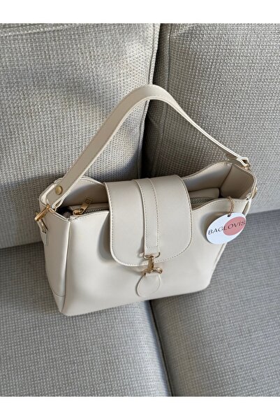 BAGLOVİS Medium Size Women's Cream Shoulder Bag with Hook and Ring Detail on Front En25 Uzn25