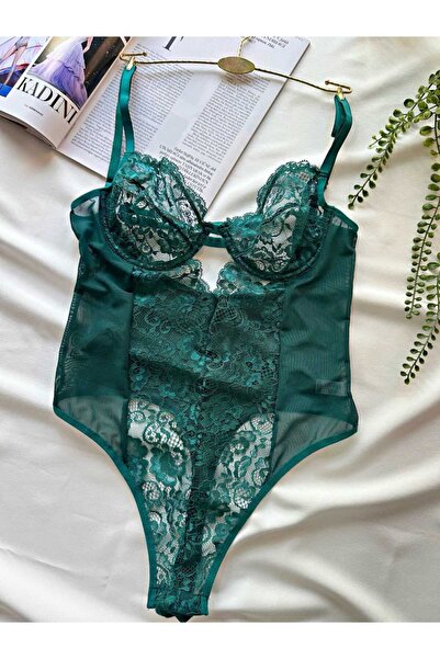 BLUE AVCI LINGERIE Yeşil Dantel Tül Detaylı Transparan Fantezi Bodysuit
