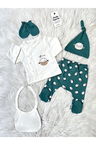 Linda Harris Sleepy Lamb Zümrüt-Ekru 5’li Yenidoğan Bebek Hastane Çıkışı Seti