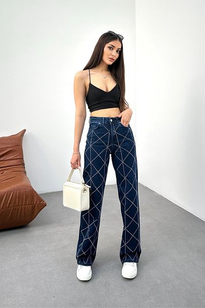 BİKELİFE Women's Navy Blue High Waist Diamond Stone Lycra Straight Jeans