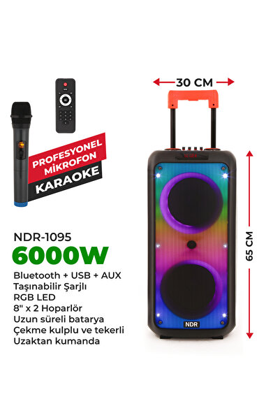 NDR -1095 6000W Taşınabilir RGB LED Karaoke Hoparlör – Mikrofonlu | Tekerlekl...