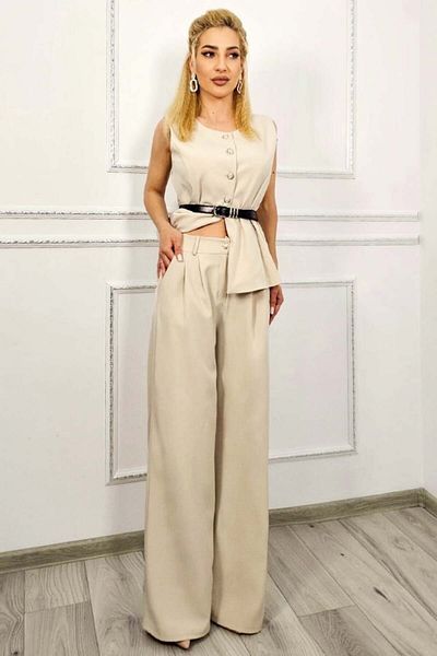 FashionForYou KARMIA women's palazzo suit, with low-cut vest and slightly puffy pants, Cream, Size S/M