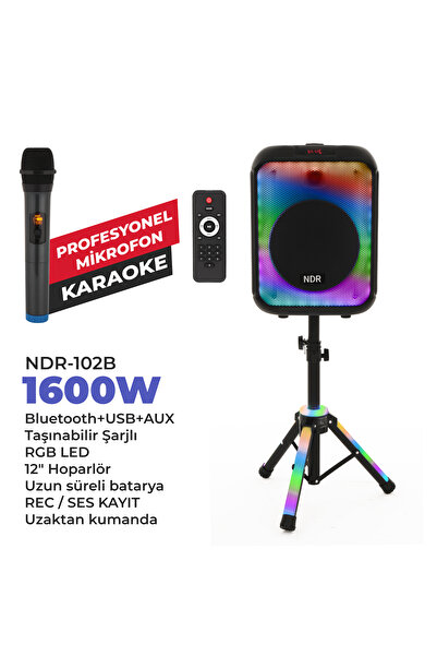 NDR -102B 1600W Taşınabilir Karaoke Hoparlör – RGB LED Işıklı, Tripod Ayaklı,...