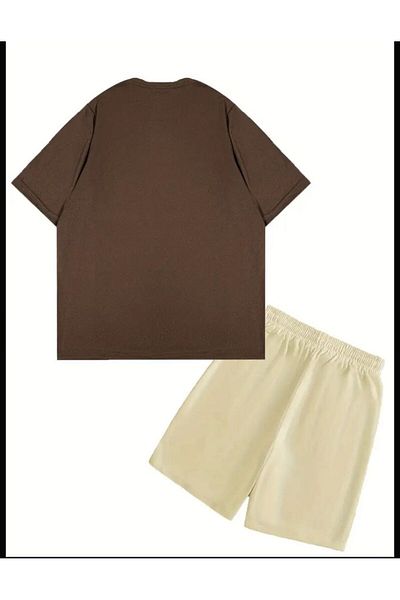 SELENA BUTİK Unisex Think Brown Tshirt Μπεζ σορτς κάτω επάνω σετ