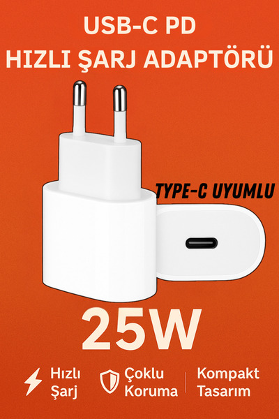 GÜMÜŞTEKNO Type-C Uyumlu 25Watt USB-C PD Hızlı Şarj Adaptörü Başlık İPhone 16...