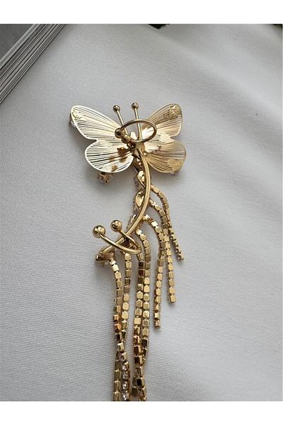 Pelin Aksesuar Gold Butterfly Fringe Crystal Ear Accessory