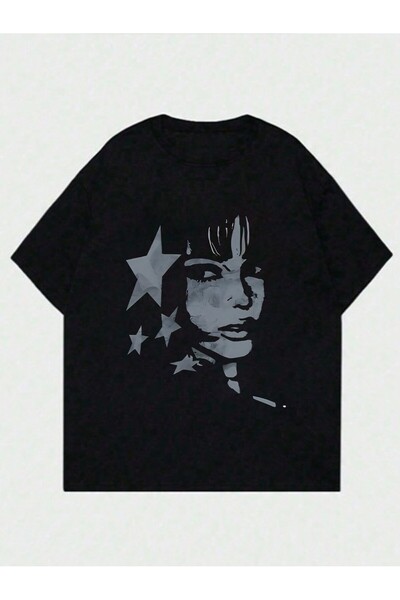 EVIus Tricou oversize Y2K cu decolteu tip stea cu imprimeu