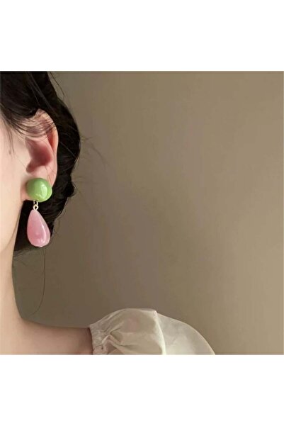 Pelin Aksesuar Pembe Yeşil Damla Boncuklu Küpe