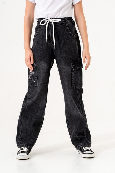GİYİCEM Girl's Pocket Embroidered Waist Lace-Up Jeans