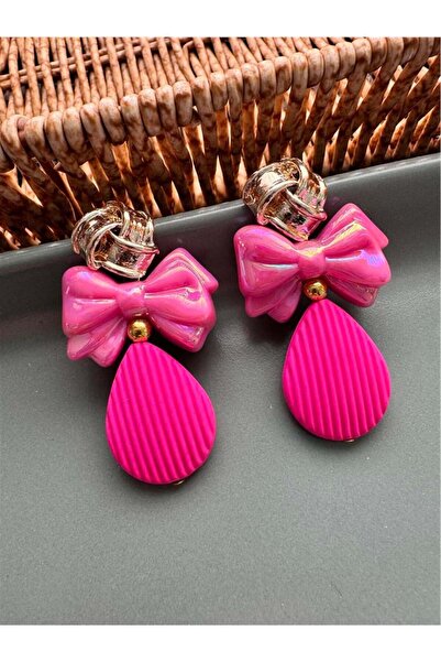 Pelin Aksesuar Fuşya Fiyonk Damlalı Tasarım Küpe