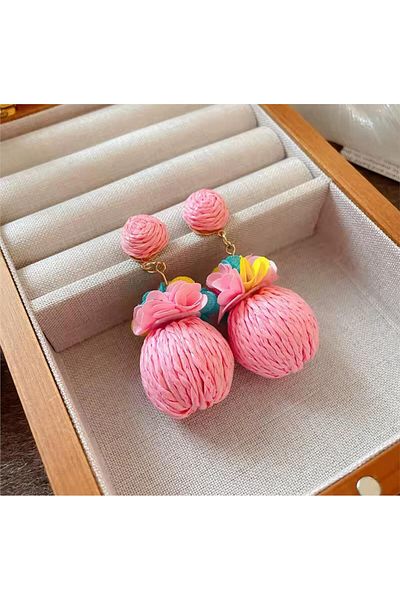 Pelin Aksesuar Pink Wicker Ball Beaded Earrings