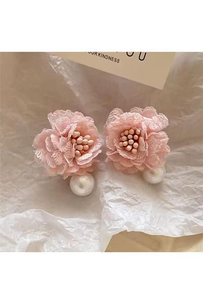 Pelin Aksesuar Pink Fabric Floral Pearl Earrings
