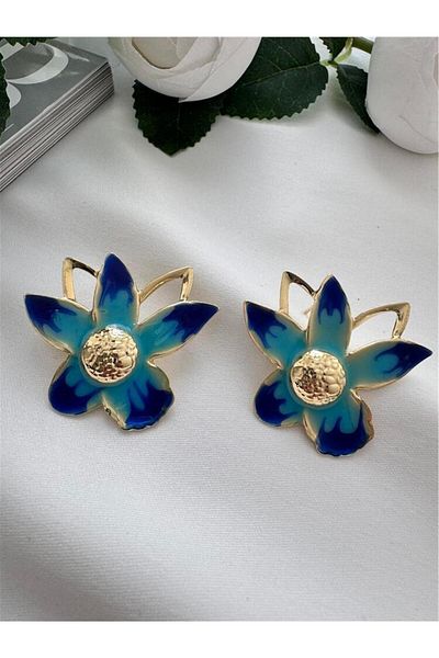 Pelin Aksesuar Navy Blue Flower Earrings
