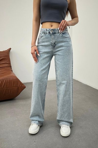 BİKELİFE Women's Ice Blue High Waist Mini Stone Lycra Straight Jeans